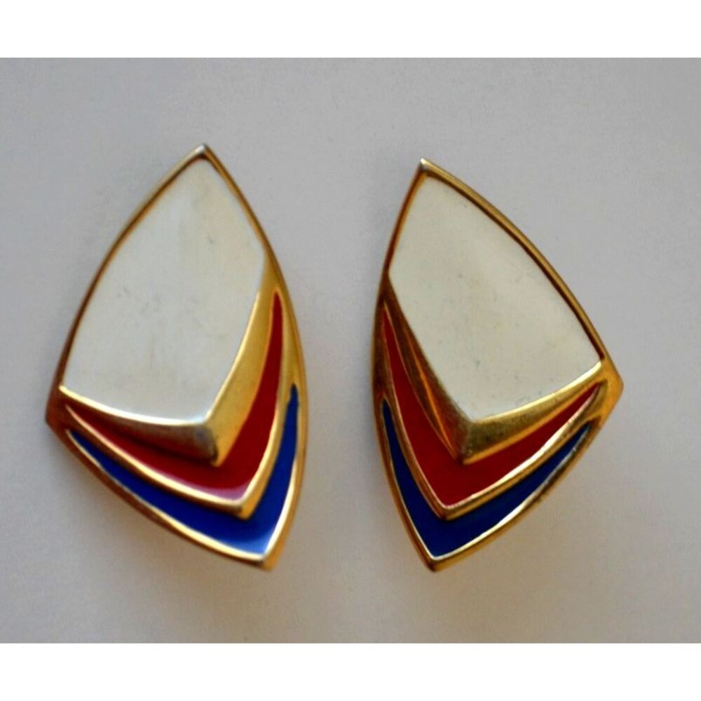 Vintage Monet Red Blue Cream Enamel Triangle Gold Tone Pierced Clip Earrings